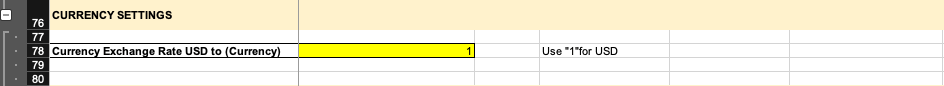 Settings - Currency conversion input in the free early stage startup dilution calculator.