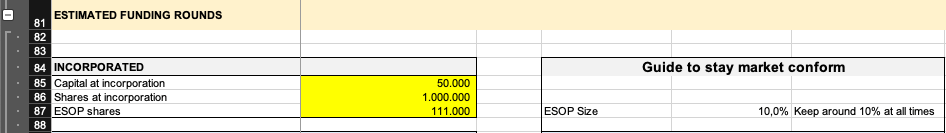 Settings - round sizes incorporation input in the free early stage startup dilution calculator.