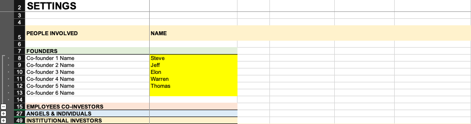 Settings - Names in the free early stage startup dilution calculator.